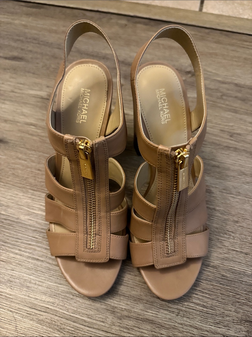 Michael Kors Nude Tan Leather Front-Zip Slingback Sandals